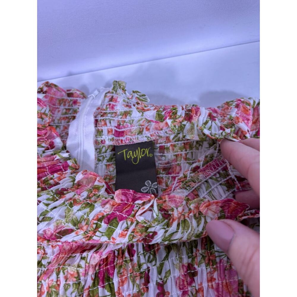 NWT Taylor Smocked Tiered White Dress with Pink & Green Floral Print Large 1161 - Picture 5 of 8